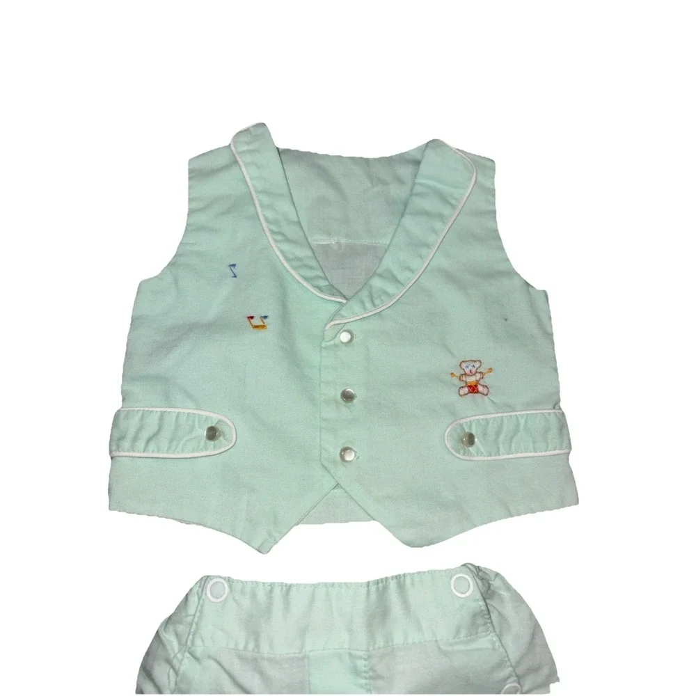 Vtg 1970s Baby Boy 2 Piece Vest and Diaper Cover Set Pastel Sage Green‎ Bear